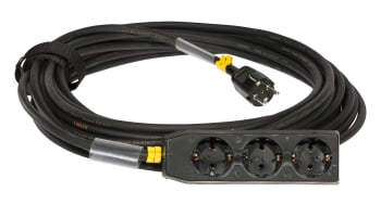 Skjøtekabel 3 veis 10A 20m svart m/stropp og krympestrømpe