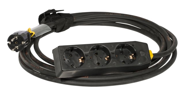 Skjøtekabel 3 veis 10A  5m svart m/stropp og krympestrømpe
