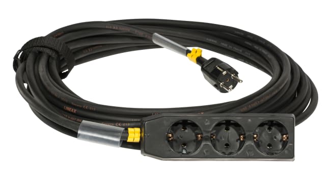 Skjøtekabel 3 veis 10A 20m svart m/stropp og krympestrømpe