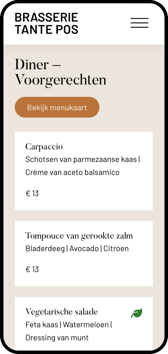 Mobiele website voor brasserie Tante Pos met overzichtelijke menukaart