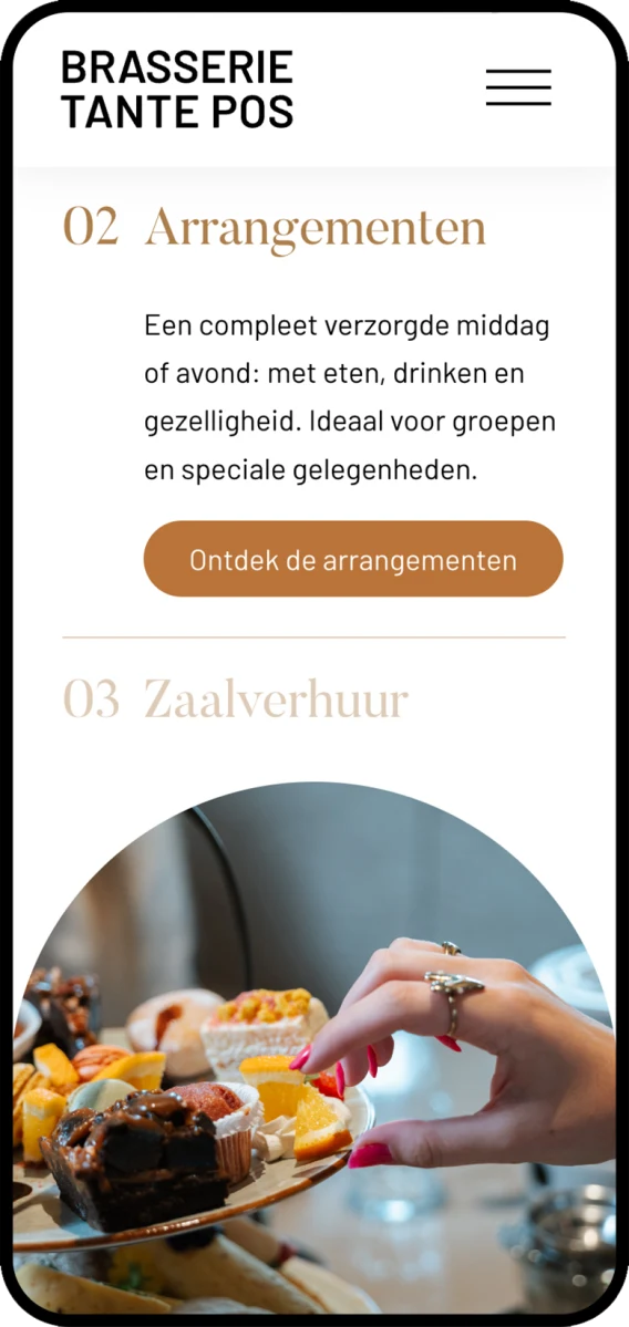 Mobiele website voor brasserie Tante Pos - groepsarrangementen