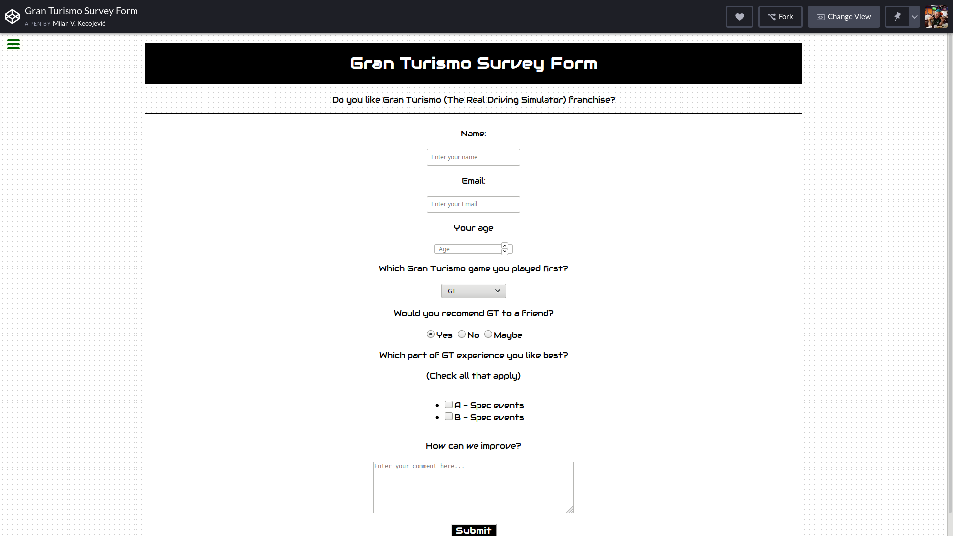 Gran Turismo Survey Form