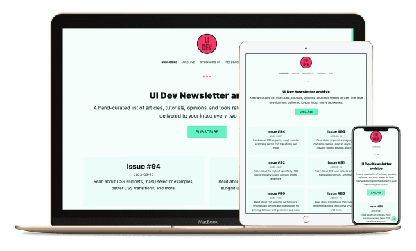 Screenshot of the UI Dev Newsletter archive page.