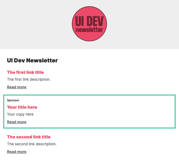 Screenshot of UI Dev Newsletter with sponsor link example highlighted.