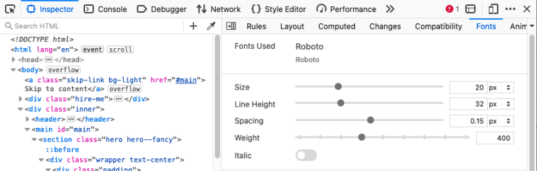 Screenshot of Firefox DevTools showing Roboto font inspector.