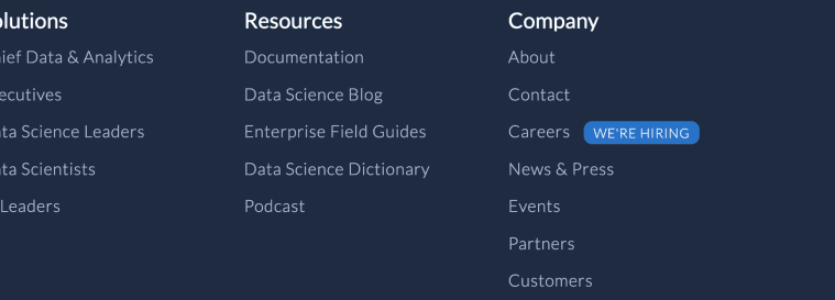 Screenshot of a website footer with “We're hiring” label next to the Careers link.