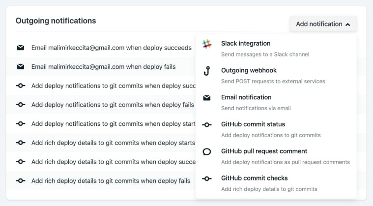 Netlify dashboard for notification section.