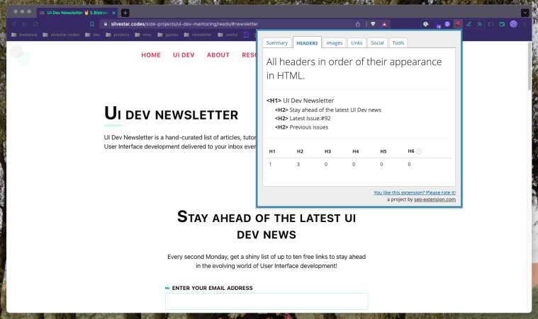 Screenshot of SEO META in 1 CLICK extension showing heading structure for UI Dev Newsletter page.