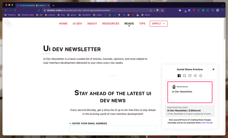 Screenshot of a UI Dev Newsletter page with Social Share Preview extension highlighting preview on Facebook.