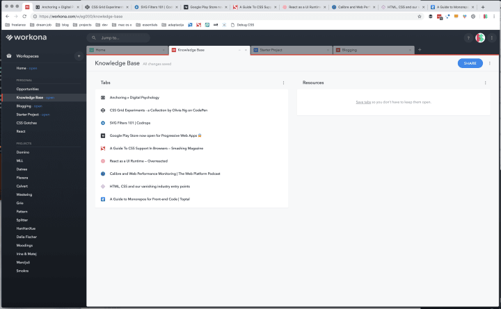 Screenshot of my Workona extension