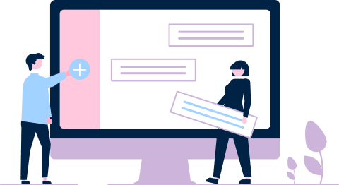 Illustration showing two persons in front of a big monitor. The first person is touching a big “plus” sign. The other person is holding an item which could be related to other two items on the screen. Altoghether seems like they are work on a tasks list.