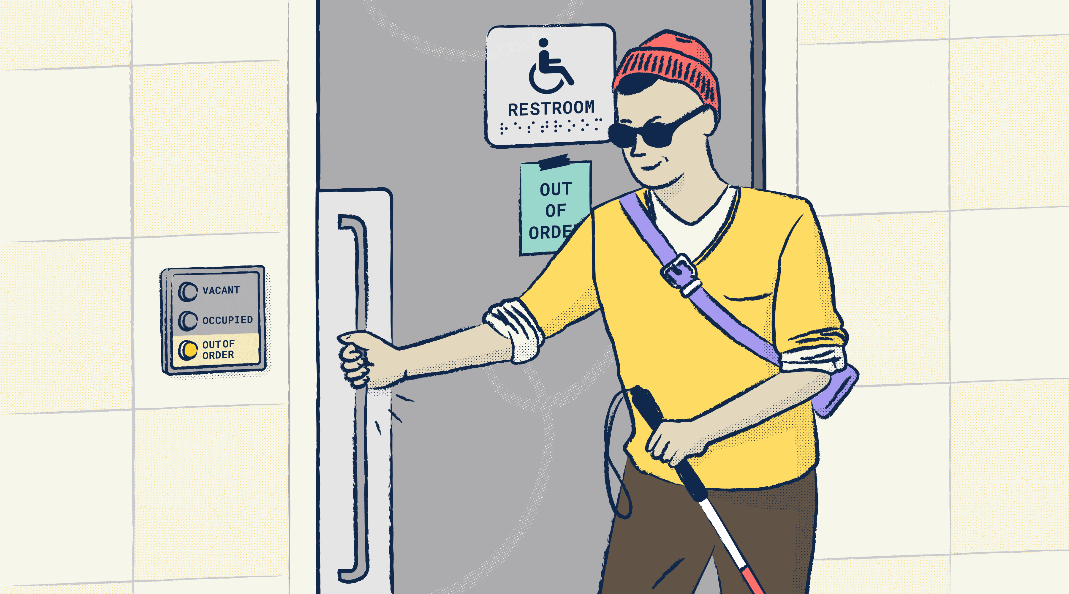 An illustration of a blind person pulling the handle of a public bathroom door that's out of order. The lack of audio technology or brail shows how difficult it is for a blind person to navigate public spaces.