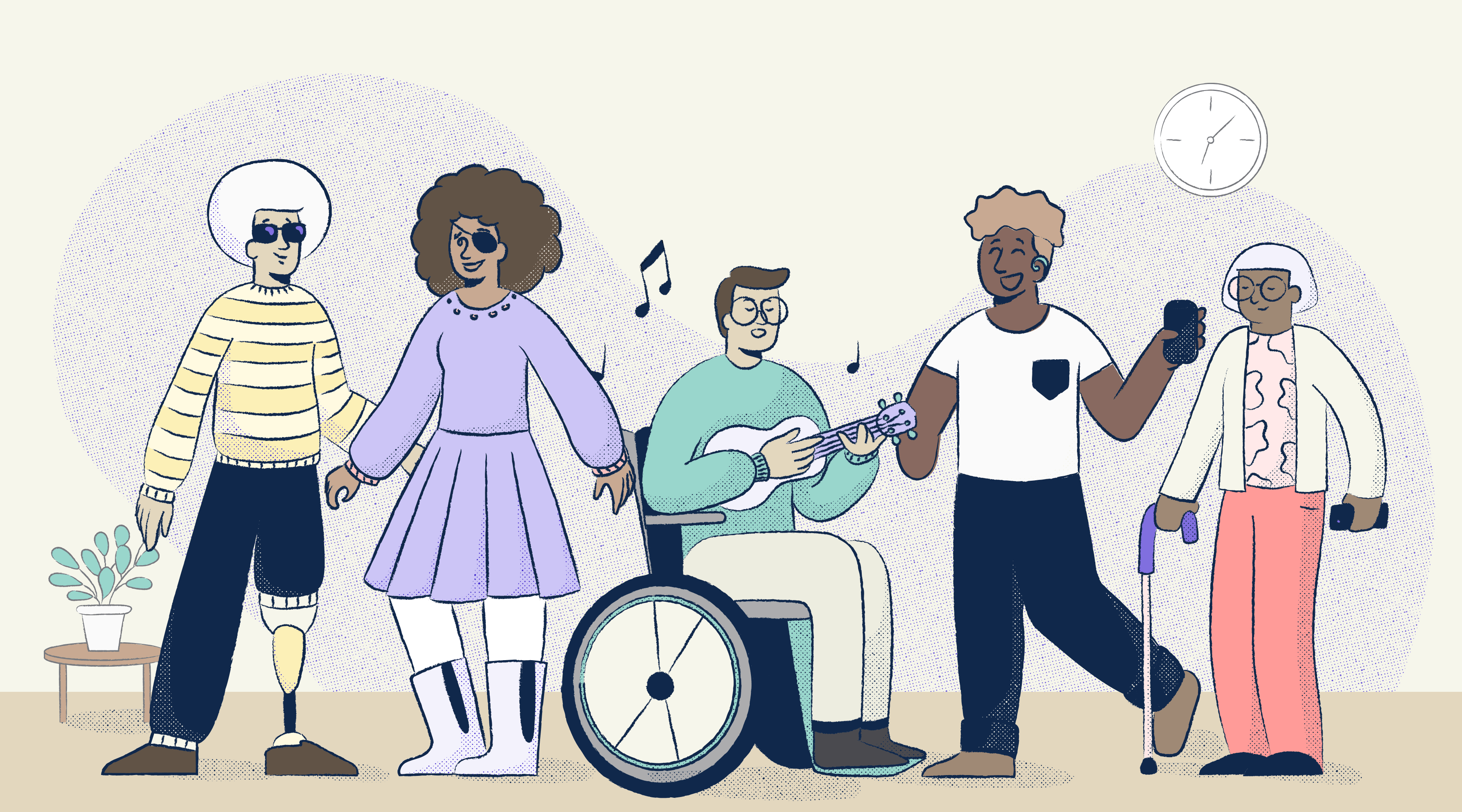 Illustration of a diverse group of individuals with visible disabilities socializing. 