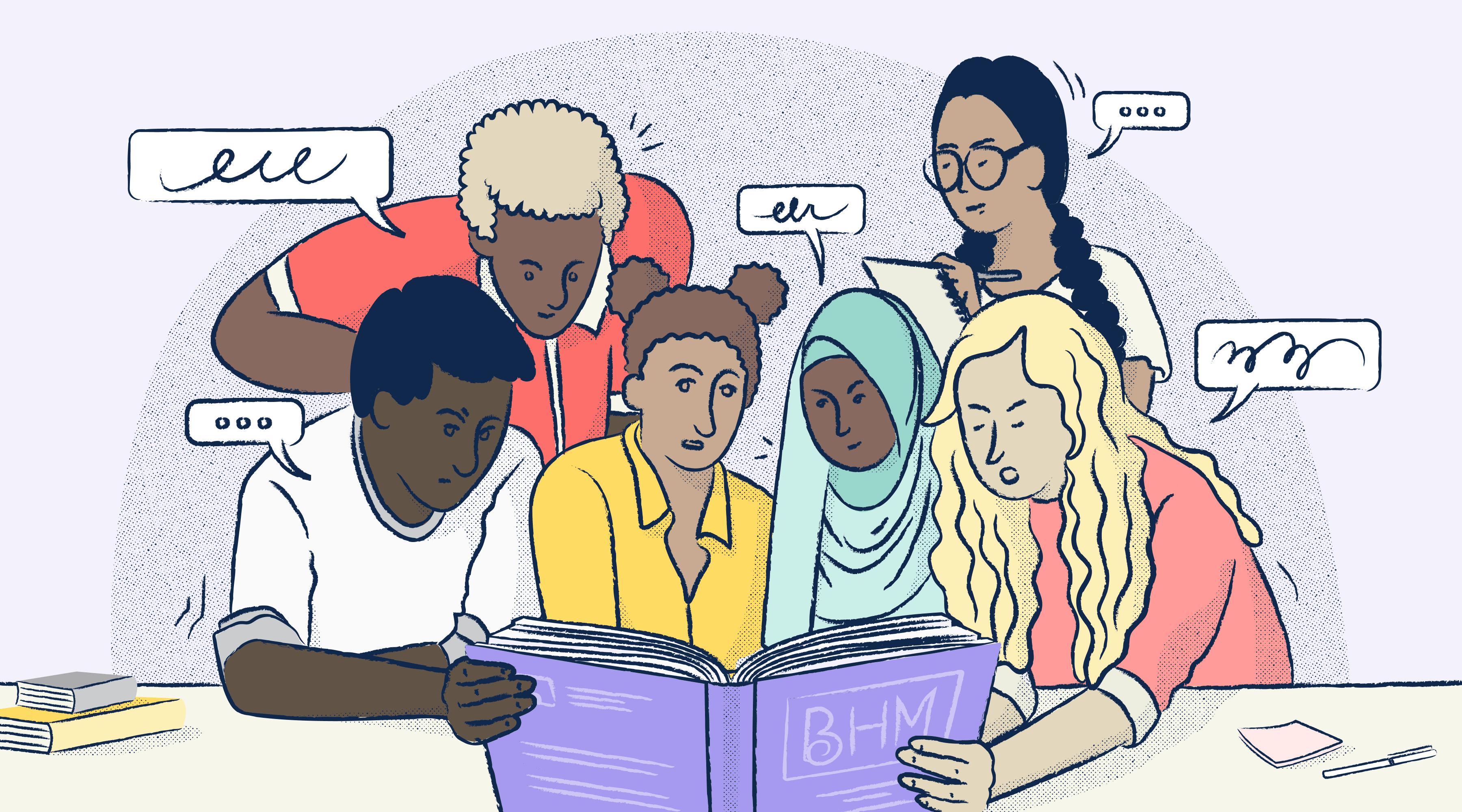 Illustration of a visibly diverse group of people (Black, white, brown, and Muslim) reading a book on Black History and taking notes.