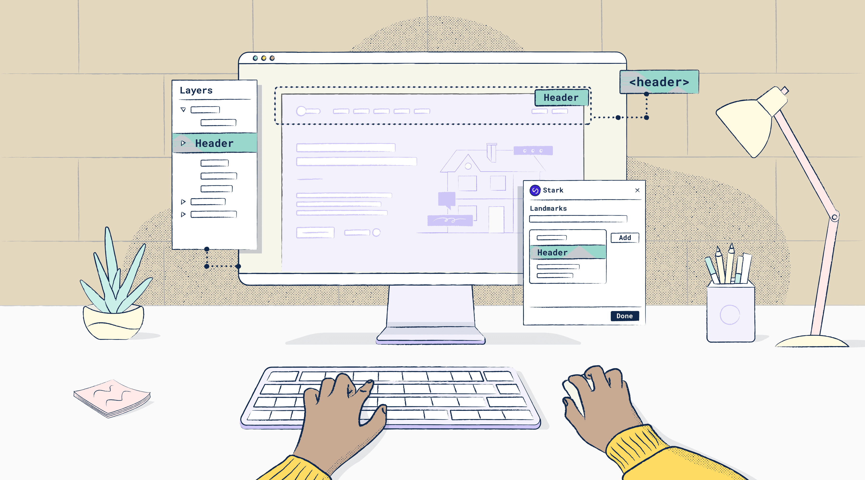 An illustration of a webpage with landmark annotations on the side. From top to bottom, the landmarks included are: header, navigation, side, and main.