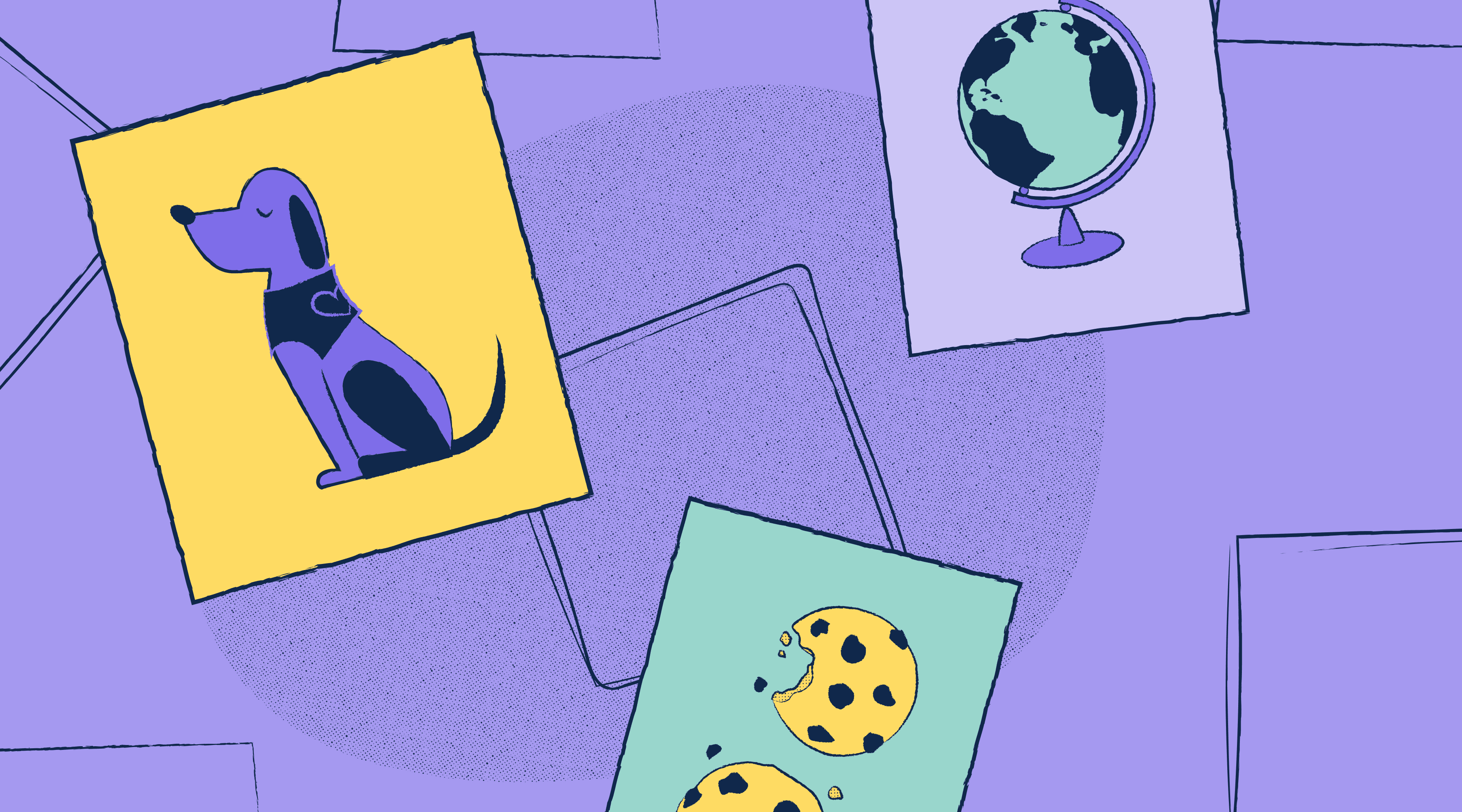 Montage of three sample images: a purple dog, a globe, and a half-eaten chocolate chip cookie.