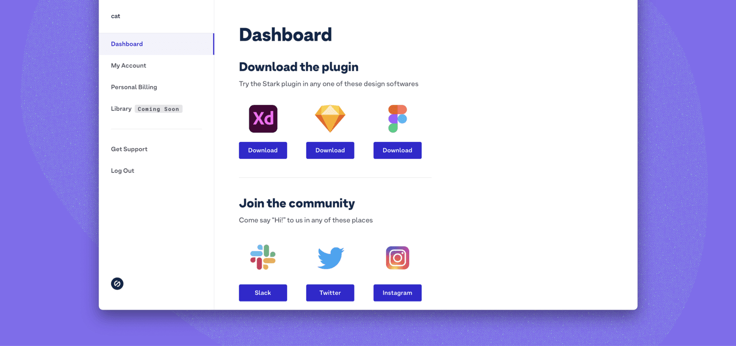 Image shows the Stark dashboard with download buttons for Figma, Adobe XD, and Sketch