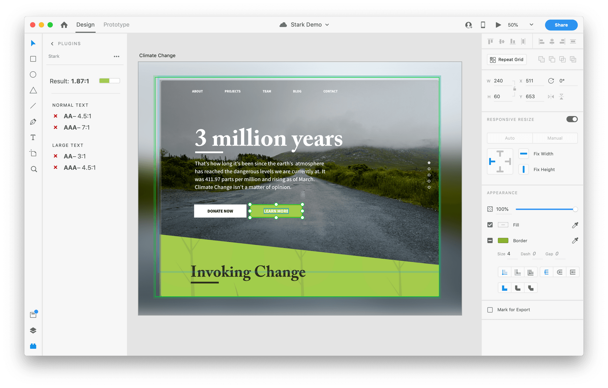 Adobe XD window with the Rapid Contrast Checker in the sidebar.