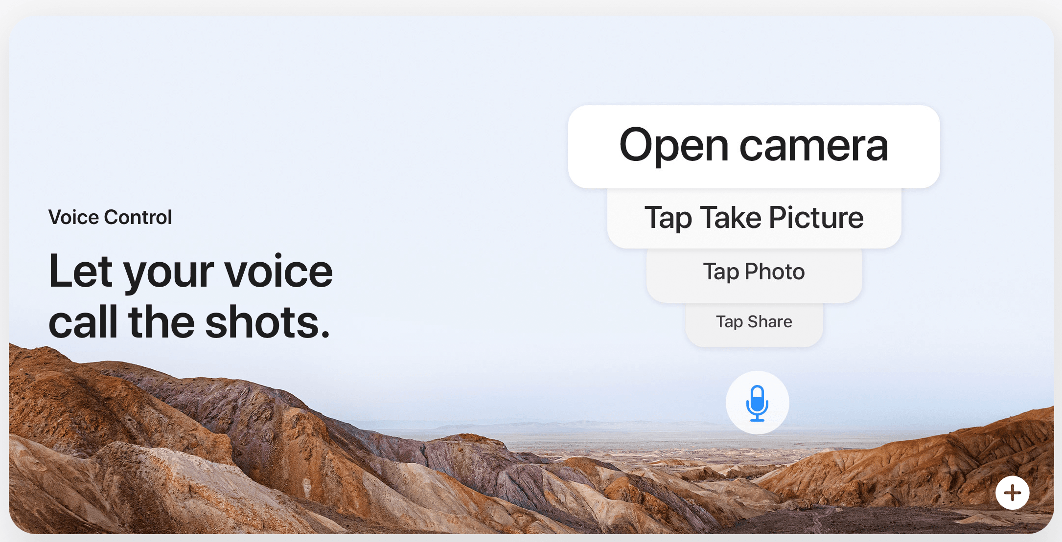 A demonstration of how Apple's Voice Control feature works. You can use your voice to say commands such as, open camera, tap take picture, tap photo, tap share, and the app will take a photo and share it out like you requested.