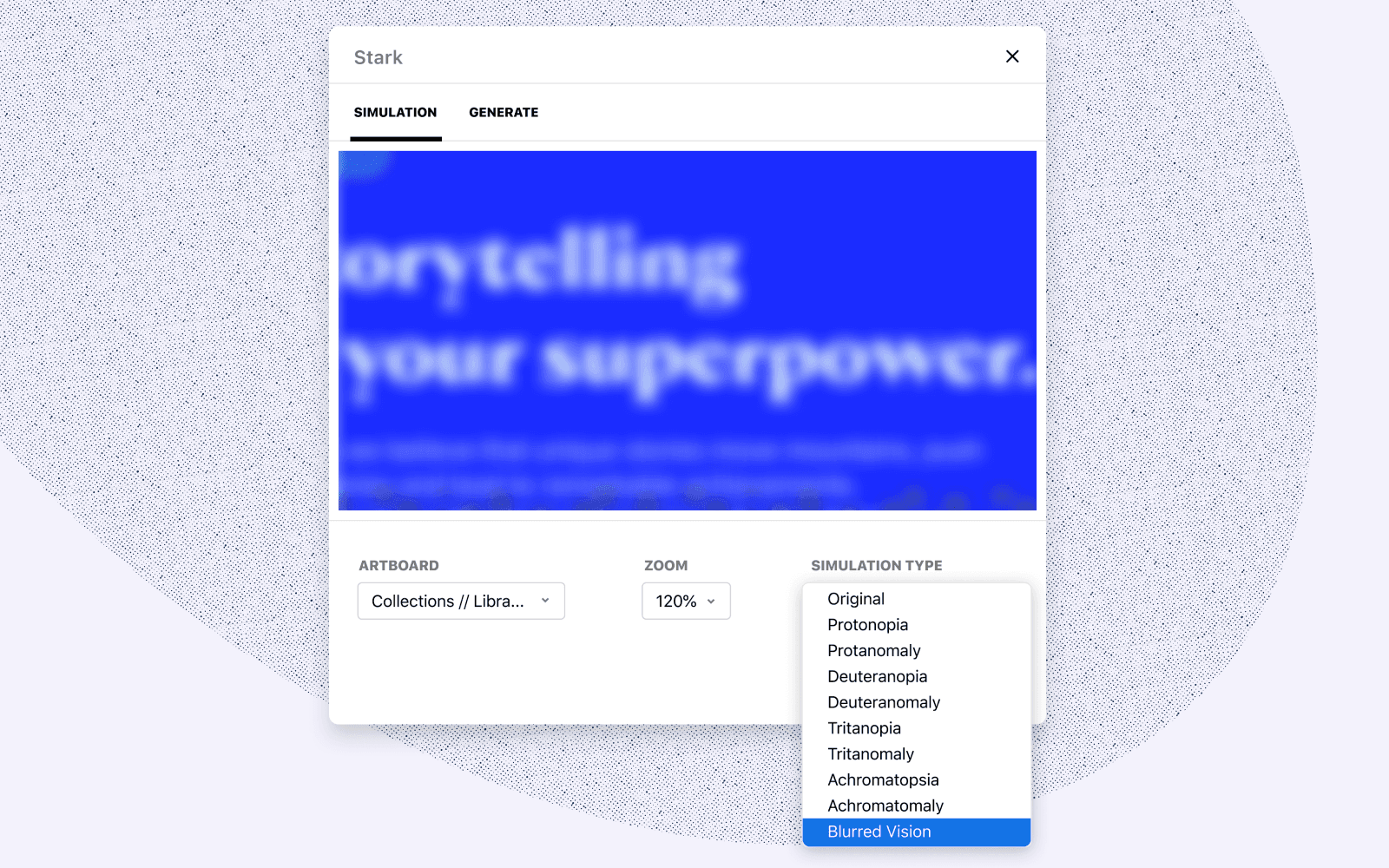 Image shows the Blurred Vision simulator and its dropdown menu in Figma