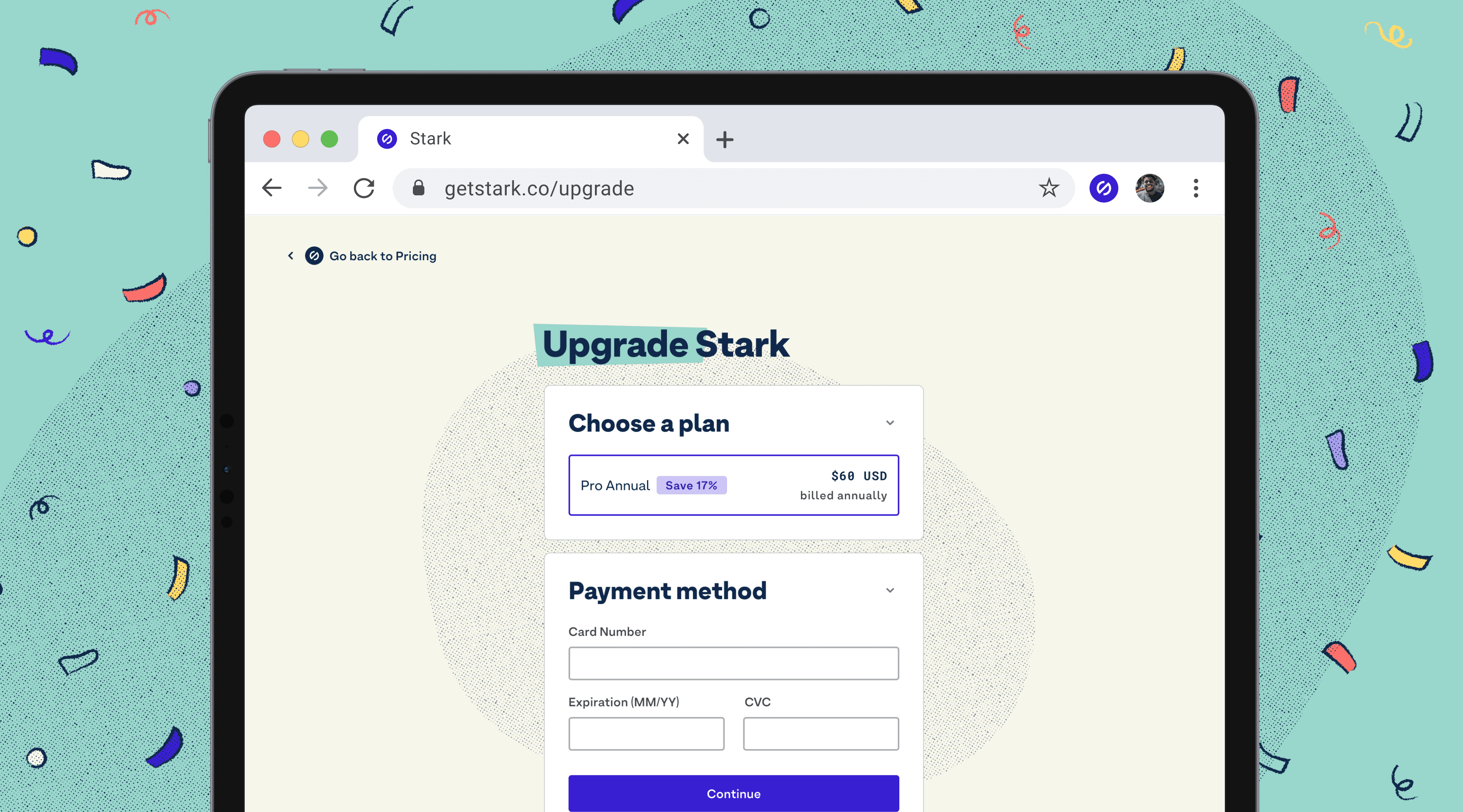 User interface of the Stark personal billing page against a teal background with confetti. This particular page shows your options for upgrading your Stark account plan, followed by a section to input your billing information.