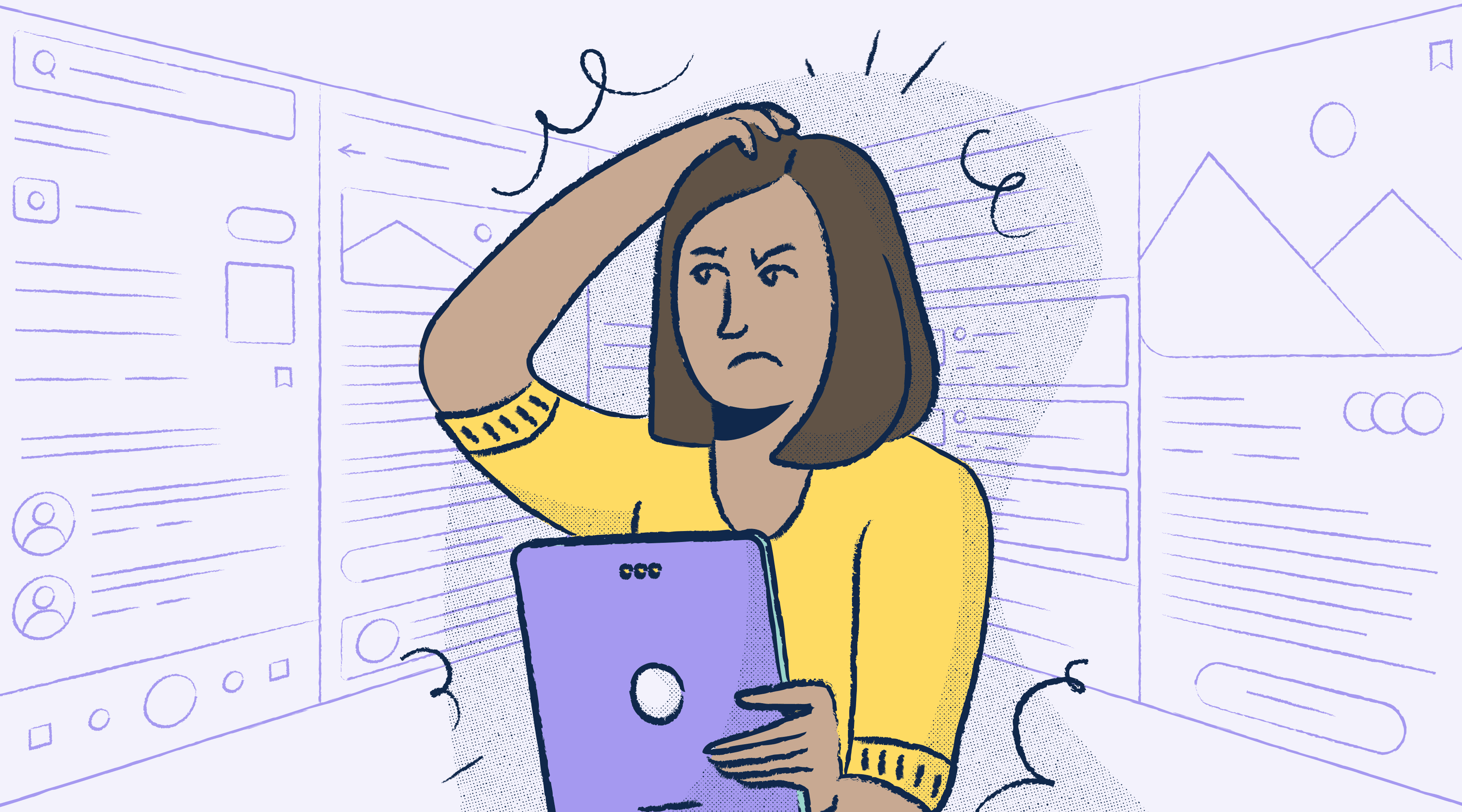 A confused woman scratching her head as she looks away from her screen. In the background there are faint line drawings showcasing the web page she was just looking at.