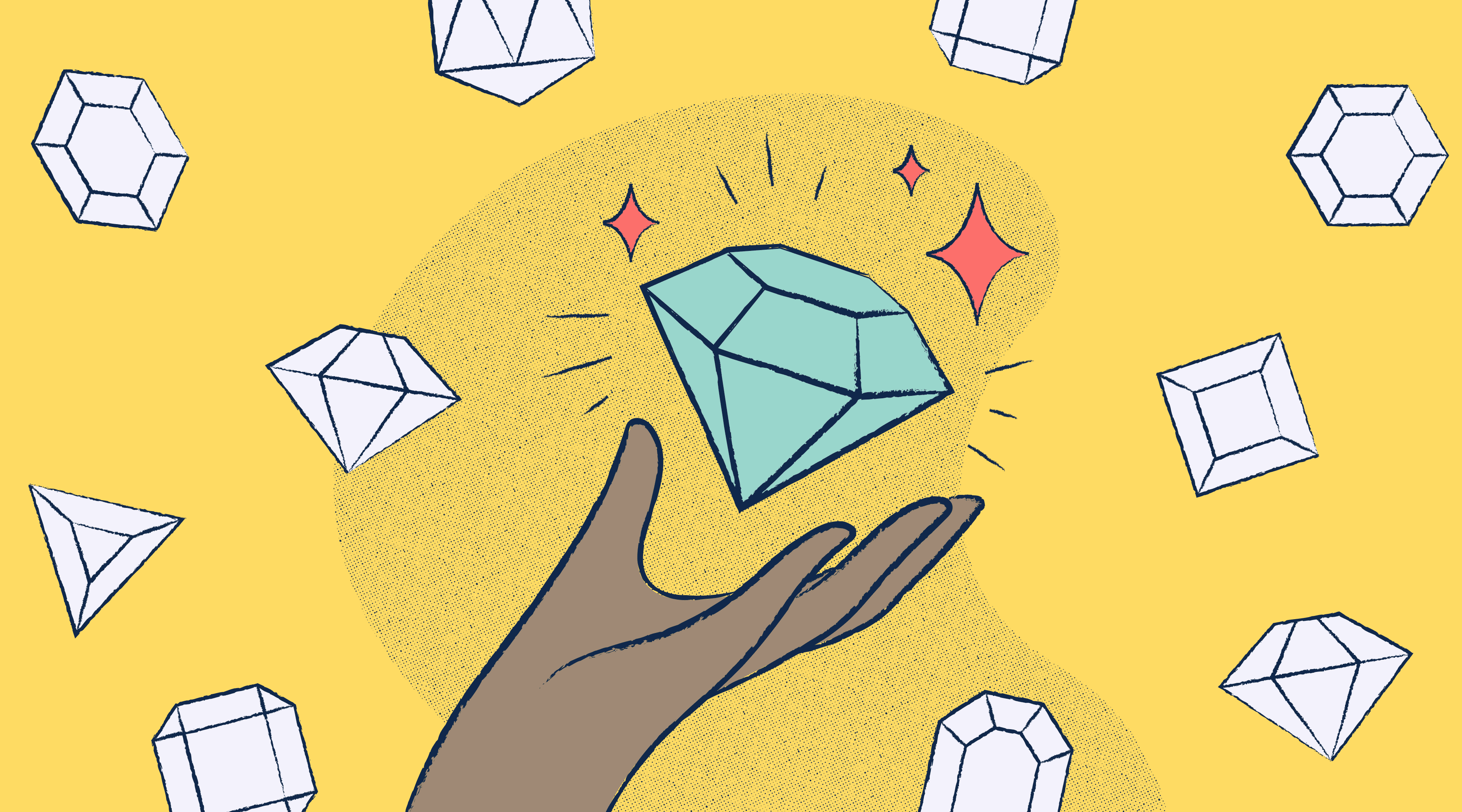 A brown hand presenting a teal gem with pink stars around it. There are floating white gems in the distance and the background color which the entire illustration sits against is yellow.