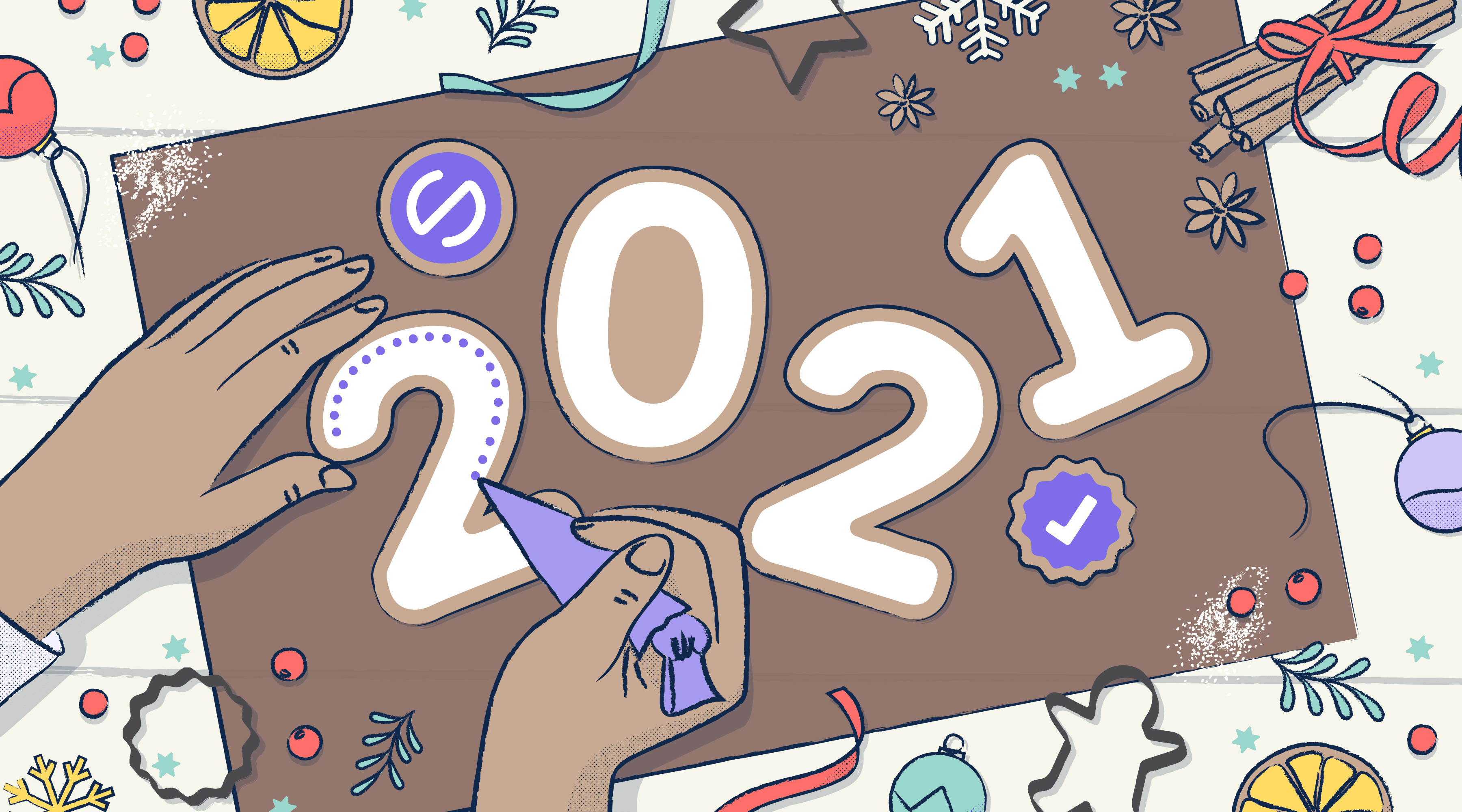 An illustration of someone decorating cookies in the shape of the year 2021. The cookies are surrounded by snow flakes, ribbons, a gingerbread man, a star and the Stark logo.