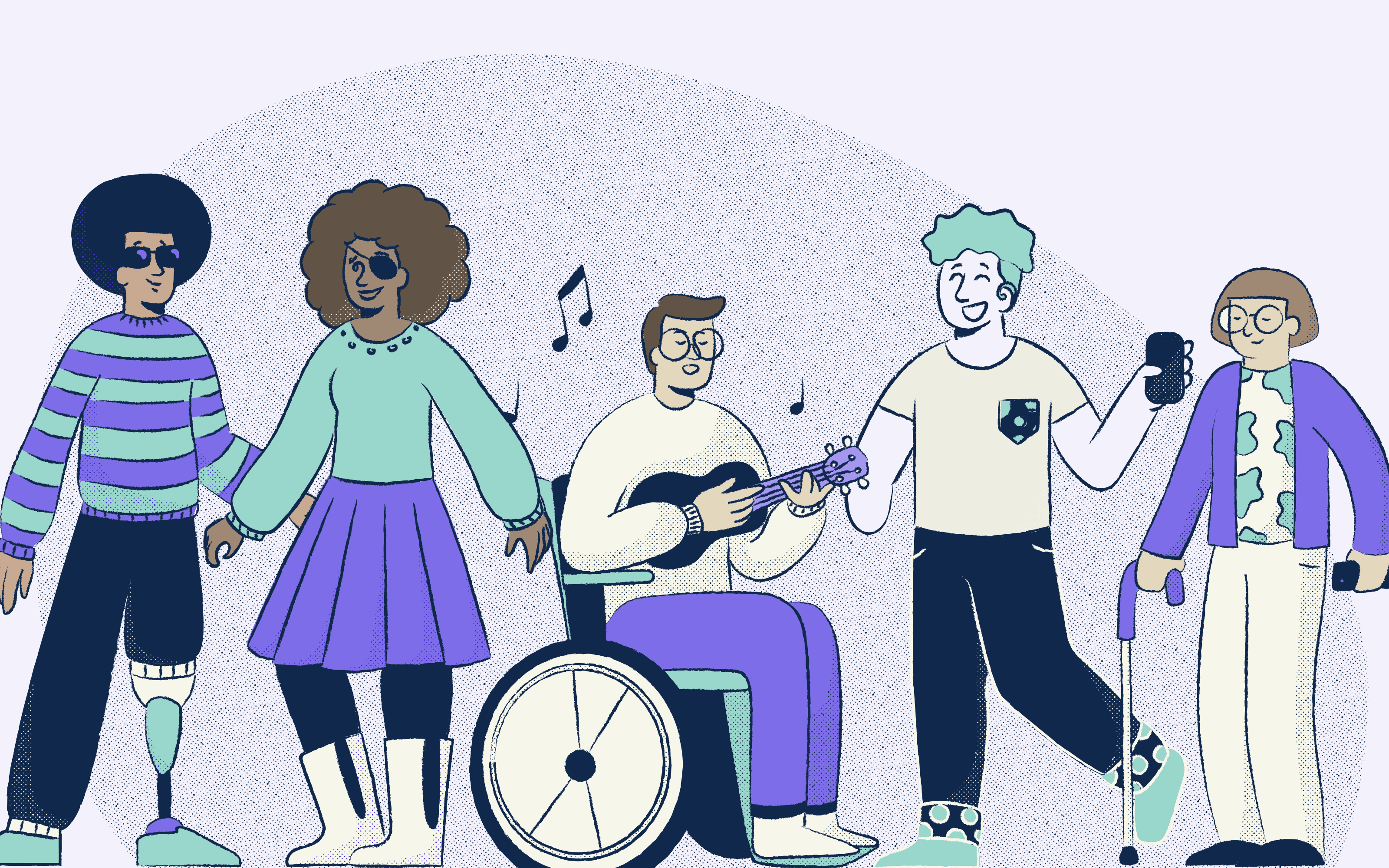 Illustration of a diverse group of individuals socializing including individuals with visible disabilities.