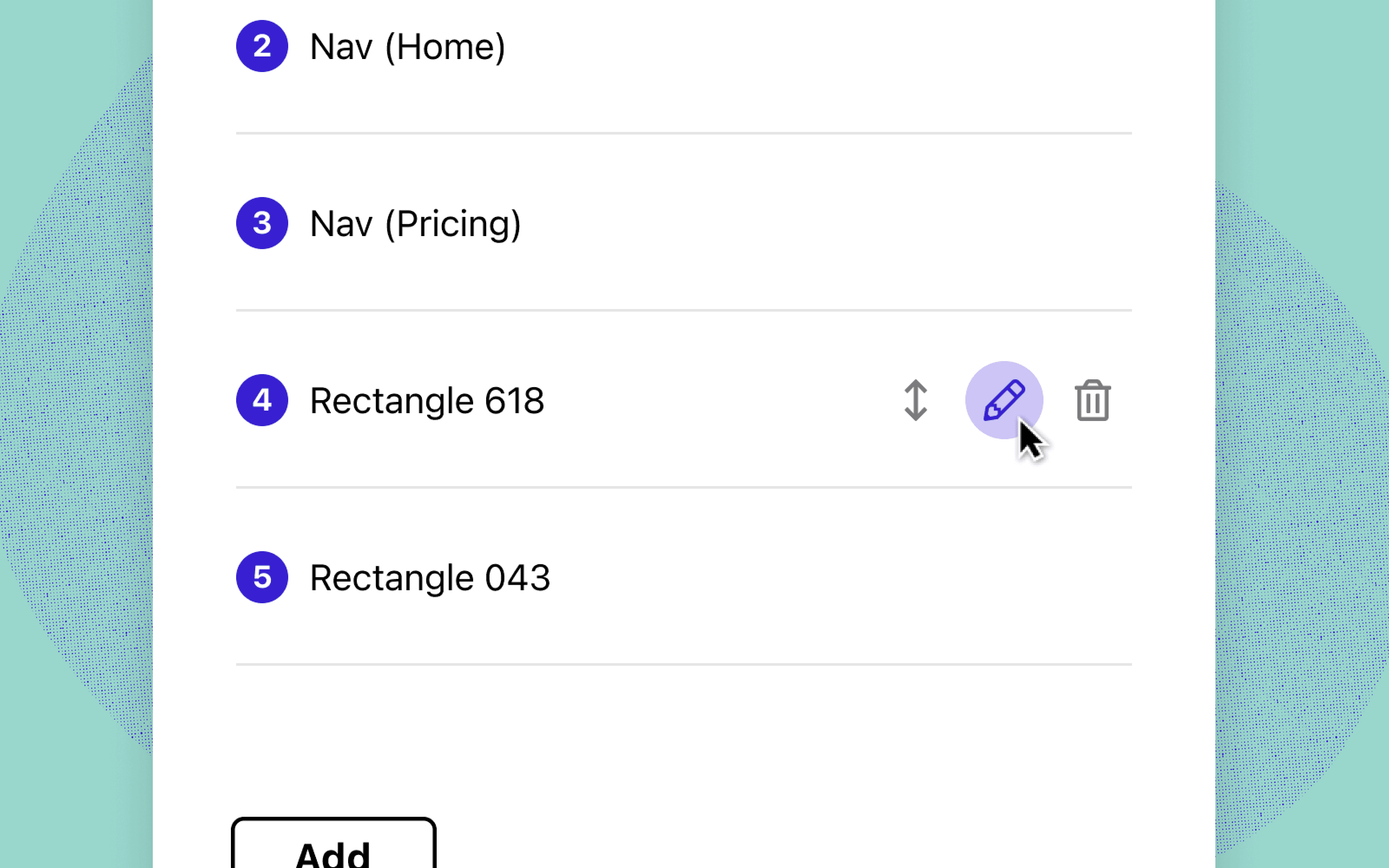 Stark focus order user interface showing the order items and a mouse hovering over the options of each order item layer