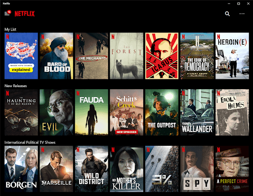 Netflix UI showcasing new releases, and international political tv shows.