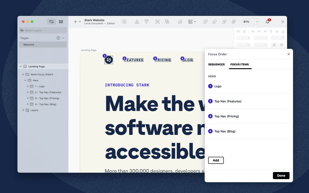 User-interface of Stark's Focus Order in Sketch which is being used to order items to each layer of the website.