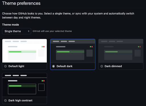 Github's theme preferences page. This page gives users the ability to choose what Github looks like to them by providing them with several options including: the choice between four single themes 