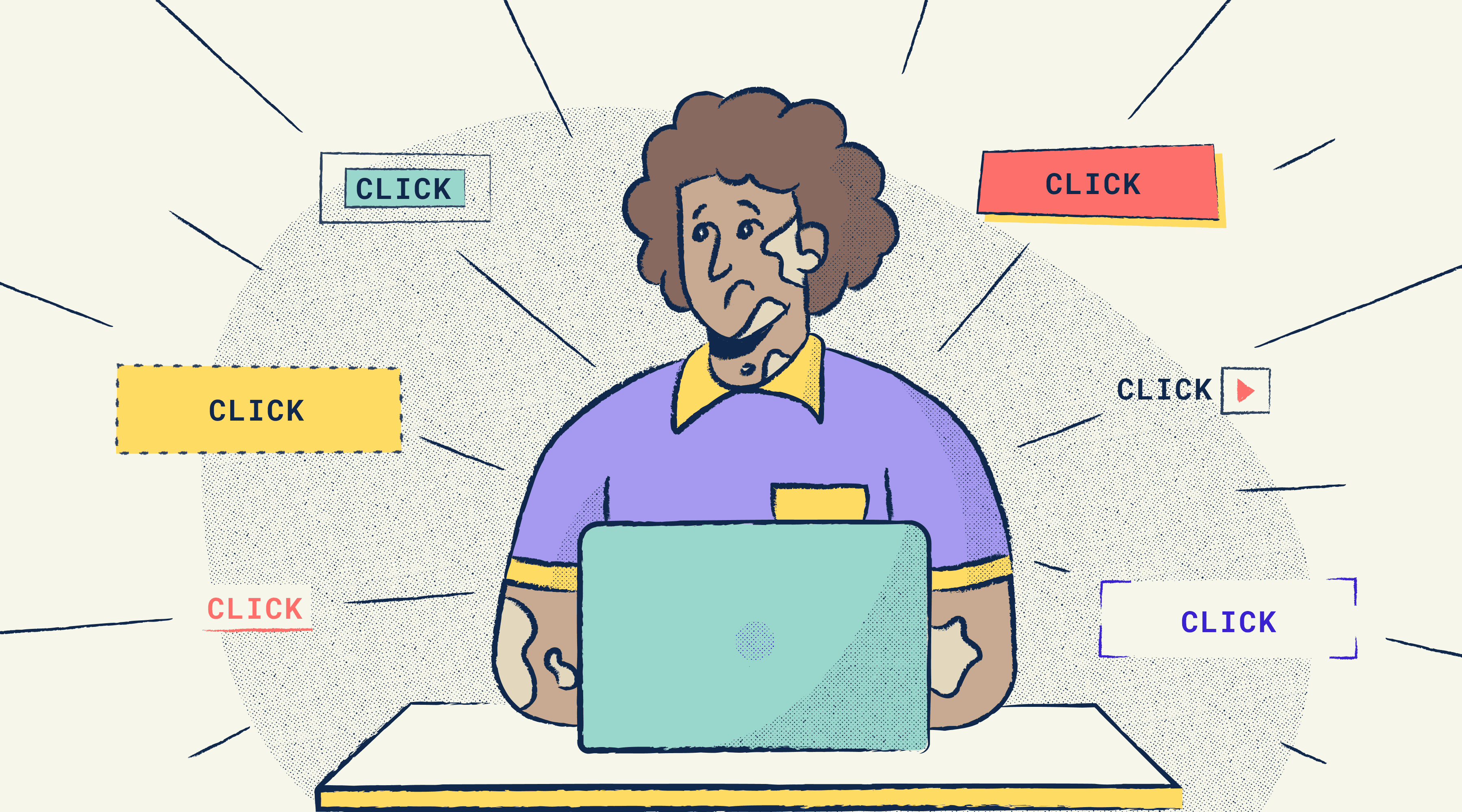 A person with vitiligo is sitting at their desk while browsing through their laptop. Around them is a few different highlighted buttons that say 'click'. This is meant to show the different ways designers can visually demonstrate various focus states.