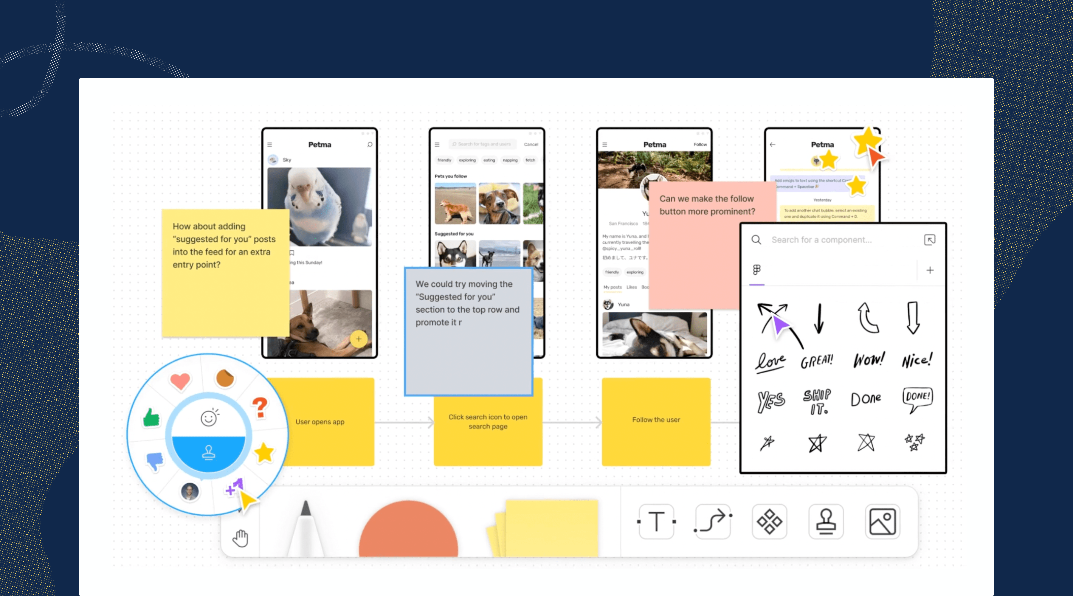 Multiple teammates are dragging and dropping stickers on to a virtual whiteboard that's already filled with sticky notes of information and images.