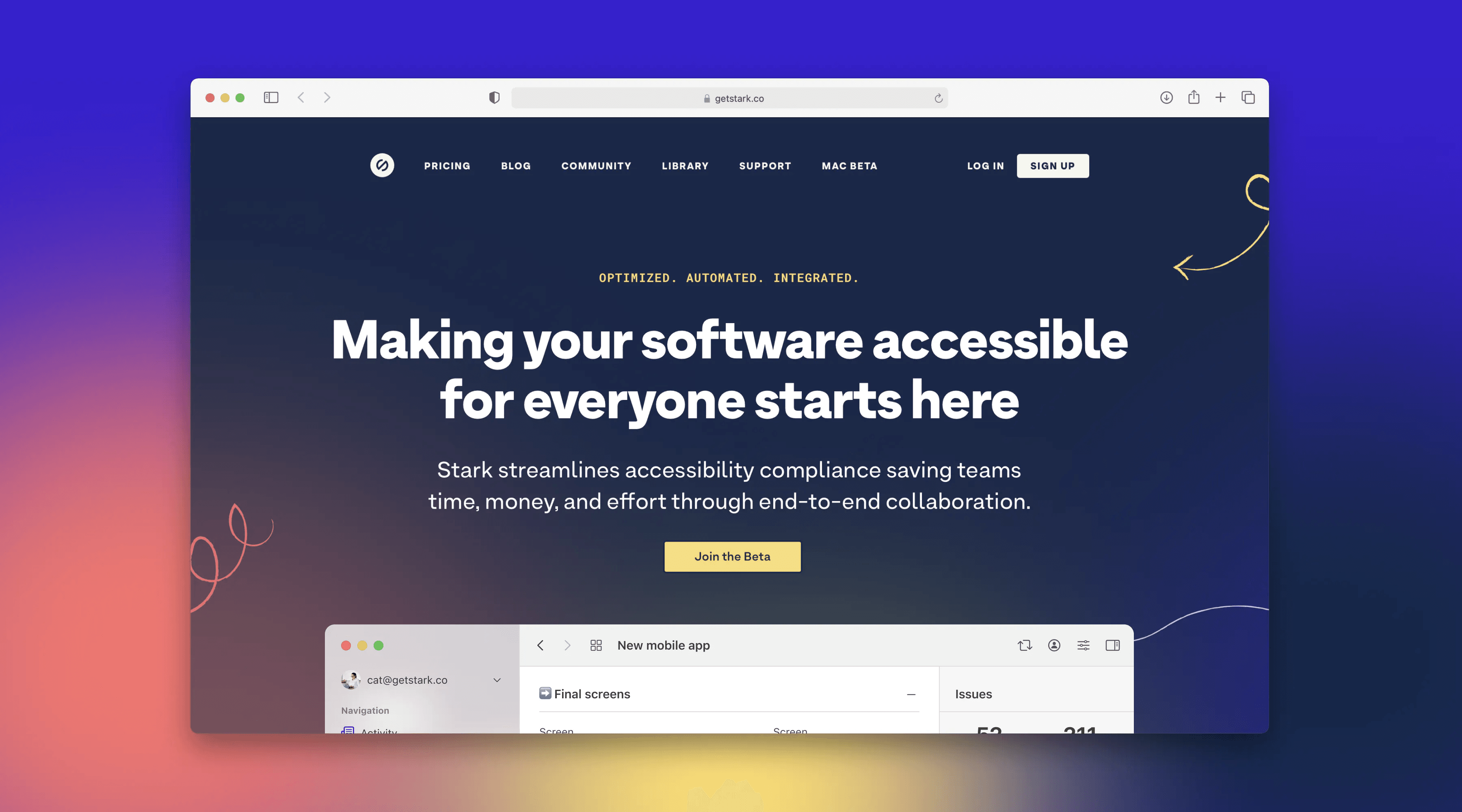 User-interface of the Stark Mac App home page. Text reads, 'making your software accessible for everyone starts here. Stark streamlines accessibility compliance saving teams time, money, and effort through end-to-end collaboration'.