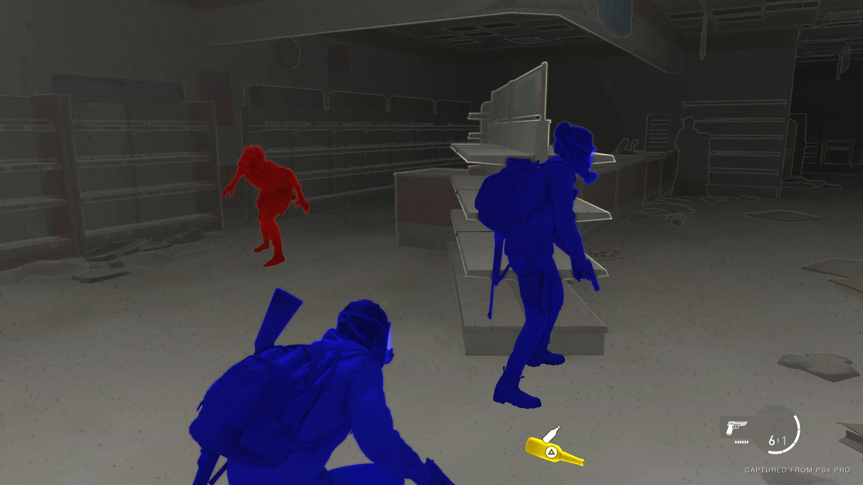 Image of three characters within The Last of US Part 2 maneuvering throughout the game. This image shows the high contrast in color between the characters who are represented in blue and red and the background which is displayed in various shades of grey.