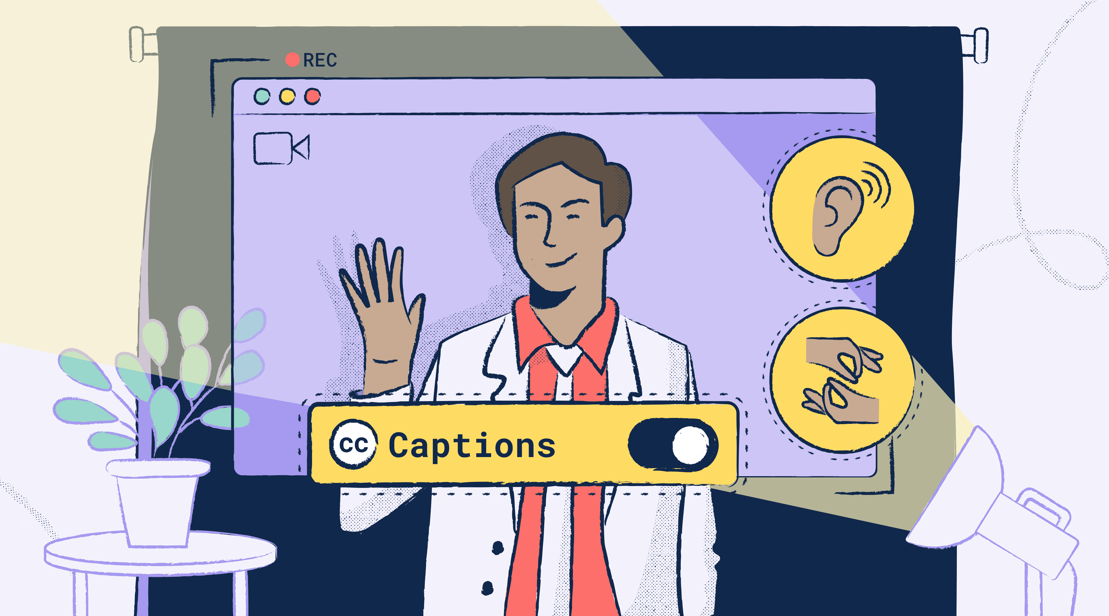 Illustration showing a presenter in front of a screen behind icons for captions, audio descriptions, and sign language interpretation.