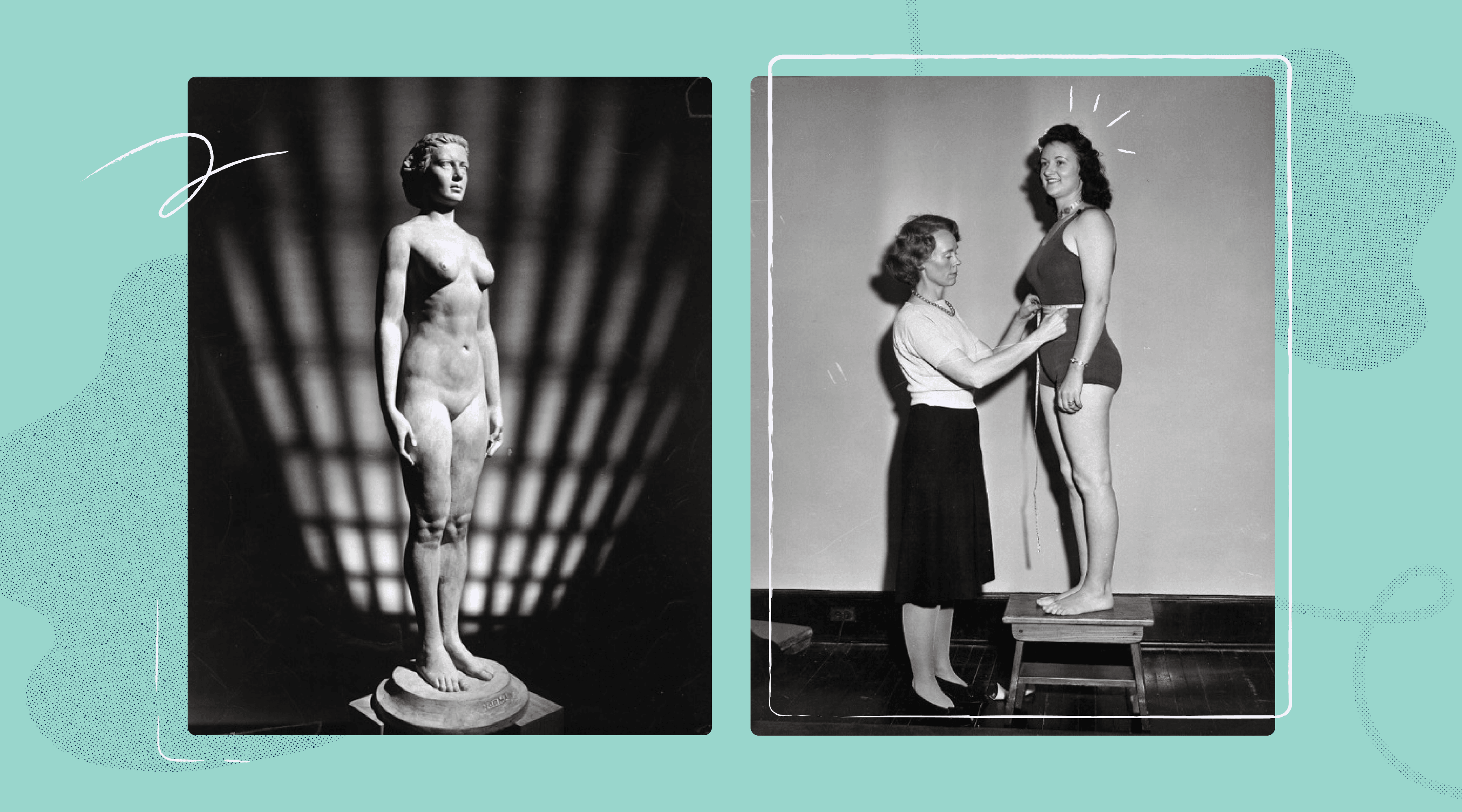 On the left a statue of an idealized woman named Norma commissioned for the Cleveland Health Museum. On the right, a woman being measured in an effort to find the proportions of the ideal human.  