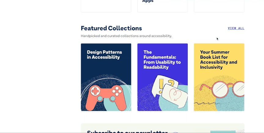 A screen recording of the new Public library landing page featuring collections. In this demonstration the user clicks 'view all collections' and then navigates to a collection titled, 'design patterns in Accessibility' which