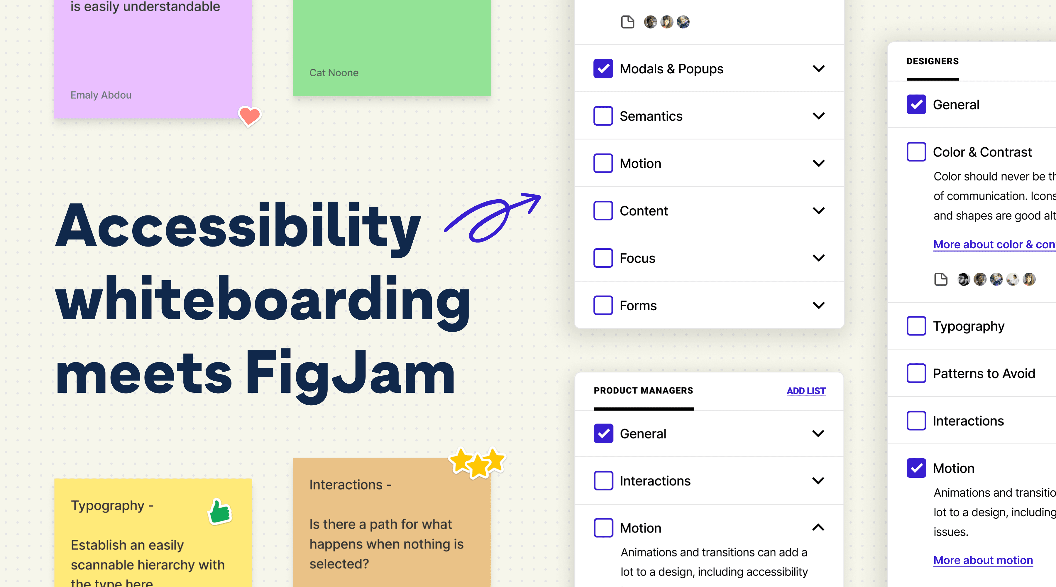 A graphic with sticky notes, and snapshots of the FigJam widget UI placed around text that says, 'Accessibility whiteboarding meets FigJam.'