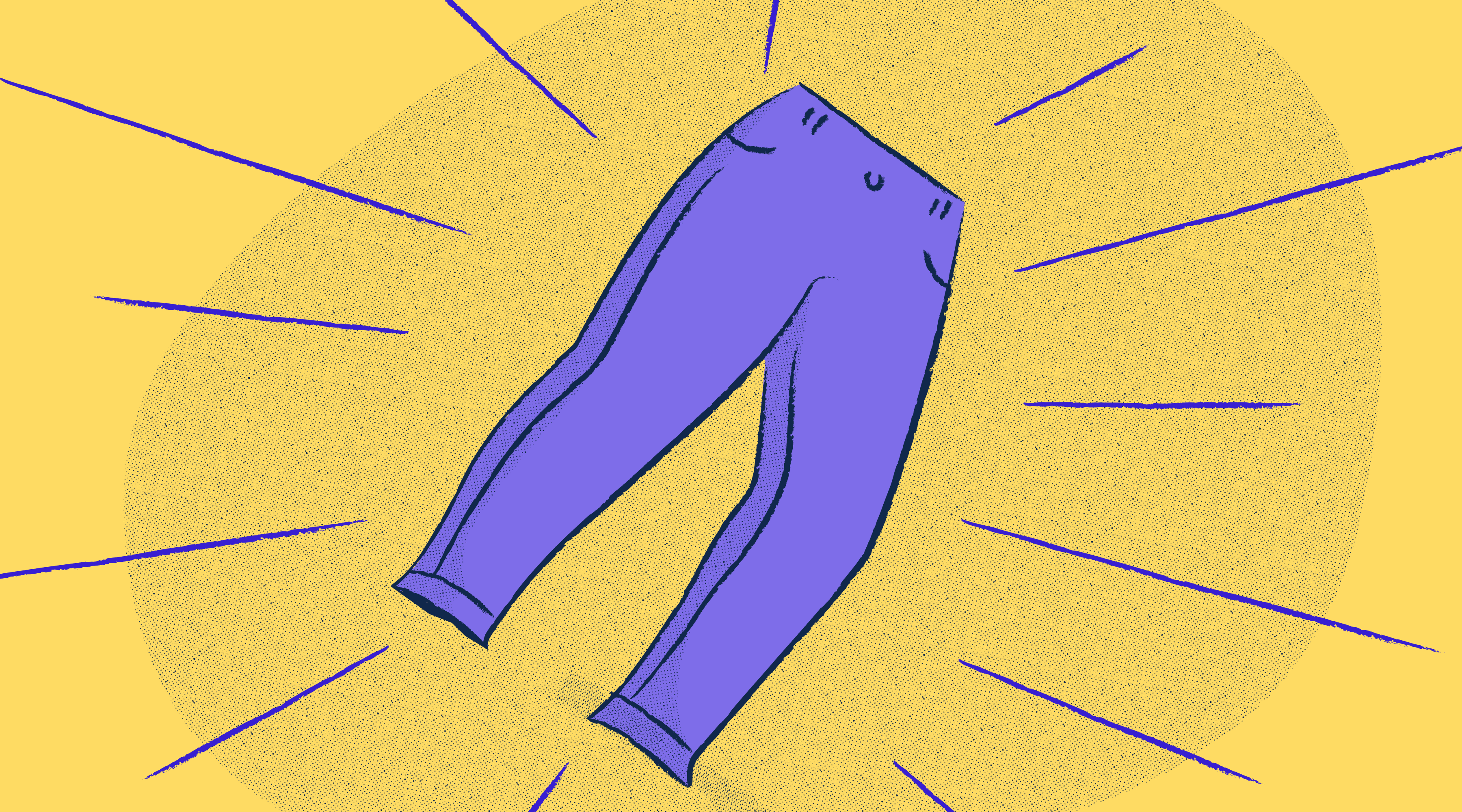 Flying purple pants against a yellow background.