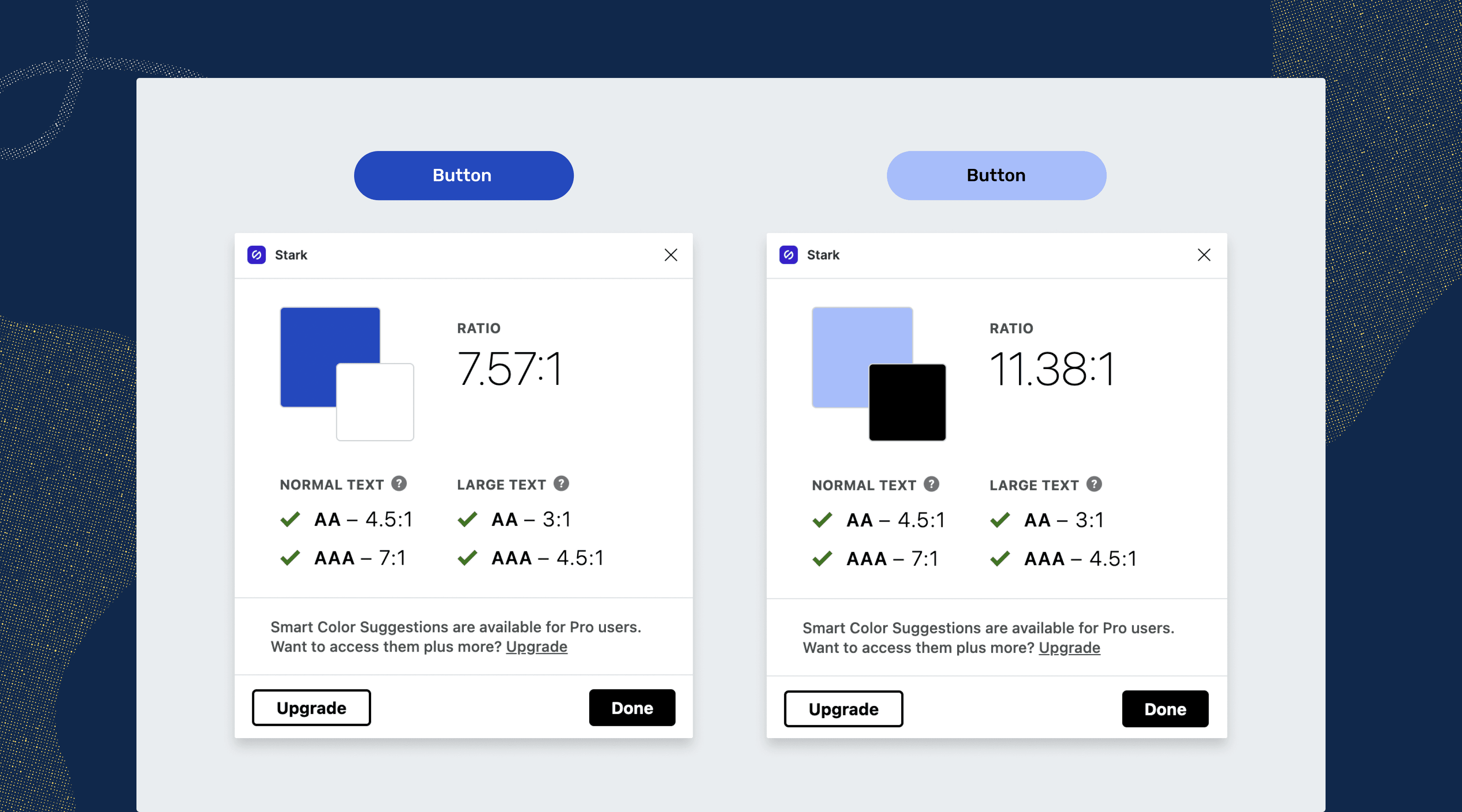  On the right there's a light blue button with black text that meets AA and AAA contrast ratio requirements. On the left, there's a dark blue button with white text that also meets AA and AAA contrast ratio requirements.