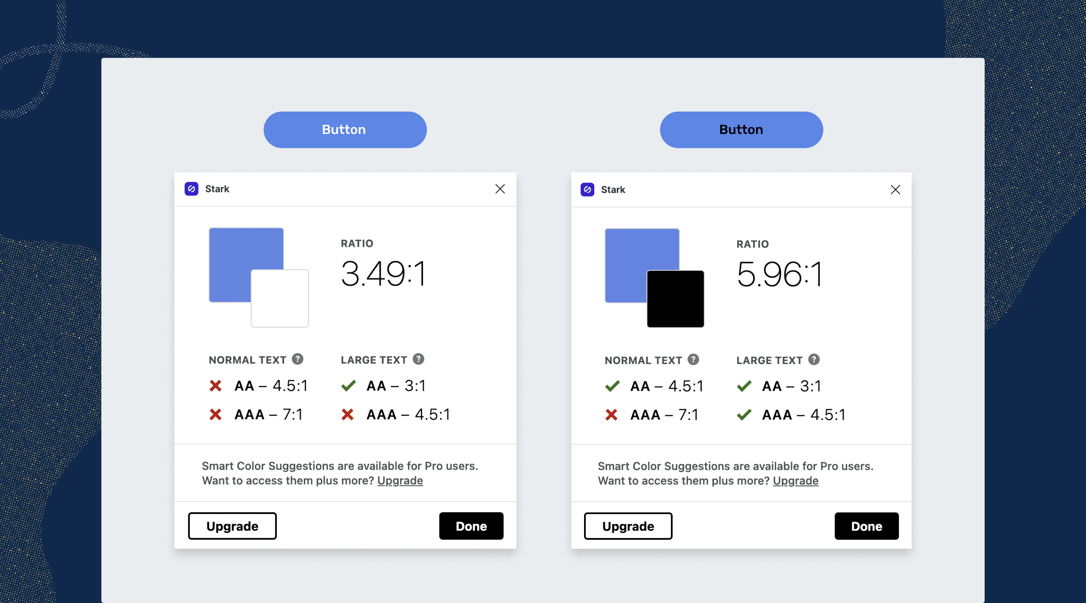 On the right, there's a dark blue button with black text that meets AA and AAA contrast ratio requirements making it accessible, but to some sighted users it's difficult to read. On the left, there's a light blue button with white text that doesn't meet contrast ratio requirements but is easier to read for some sighted users.