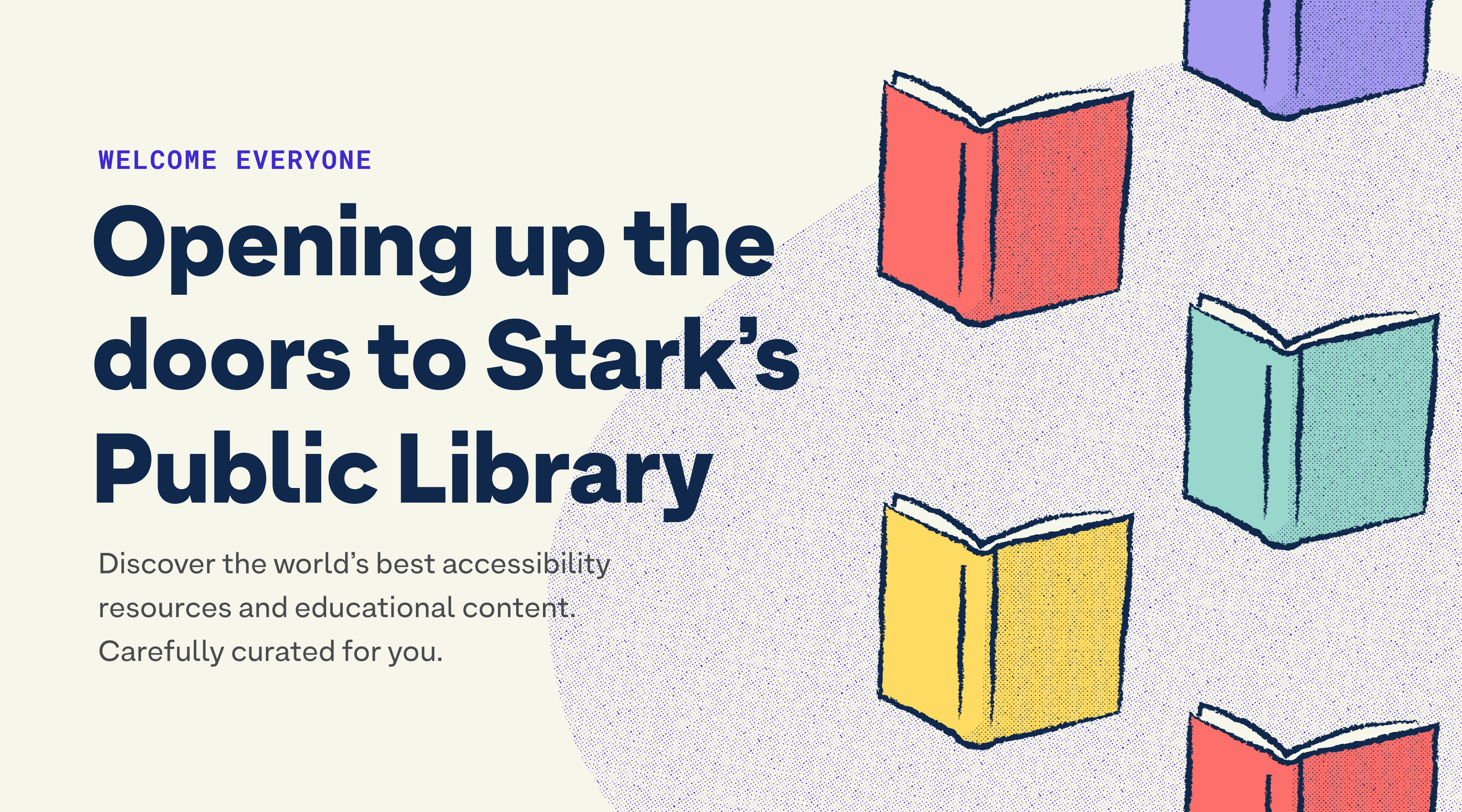 Image of illustrated books in various colors with text announcing the opening of Stark's digital public library.