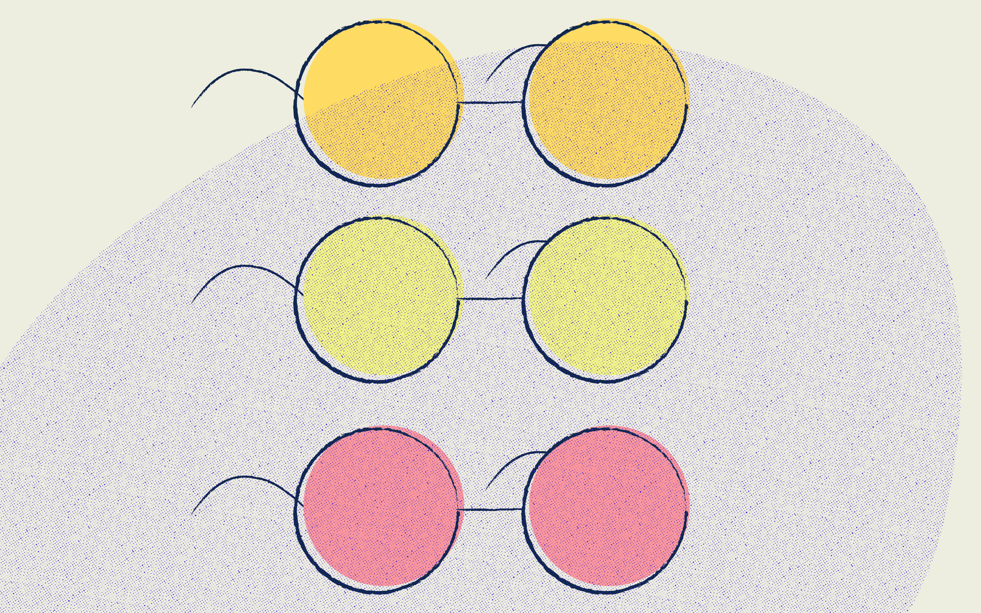 An illustration of three pairs of eyeglasses. The glasses are stacked vertically, and the lenses are all different colors, revealing what people with color blindness may see.