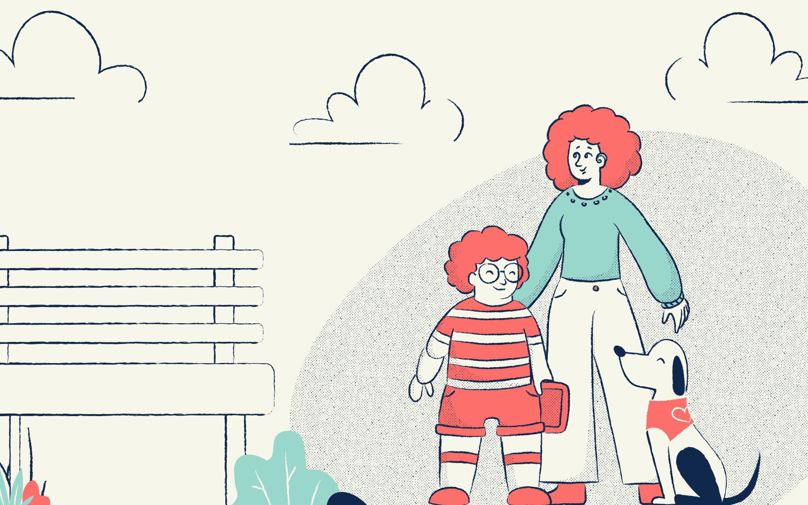 Illustration of a park with a bench, flowers, and clouds. A woman with a hearing aid is walking there with her child that is holding an augmentative and alternative communication device, and their support dog waits at their heel.