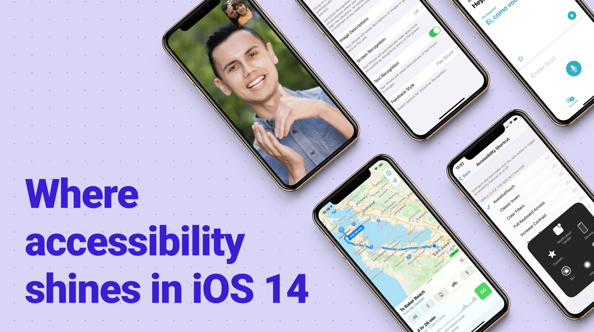 Grid of iOS screenshots showcasing the various accessibility features new to iOS 14