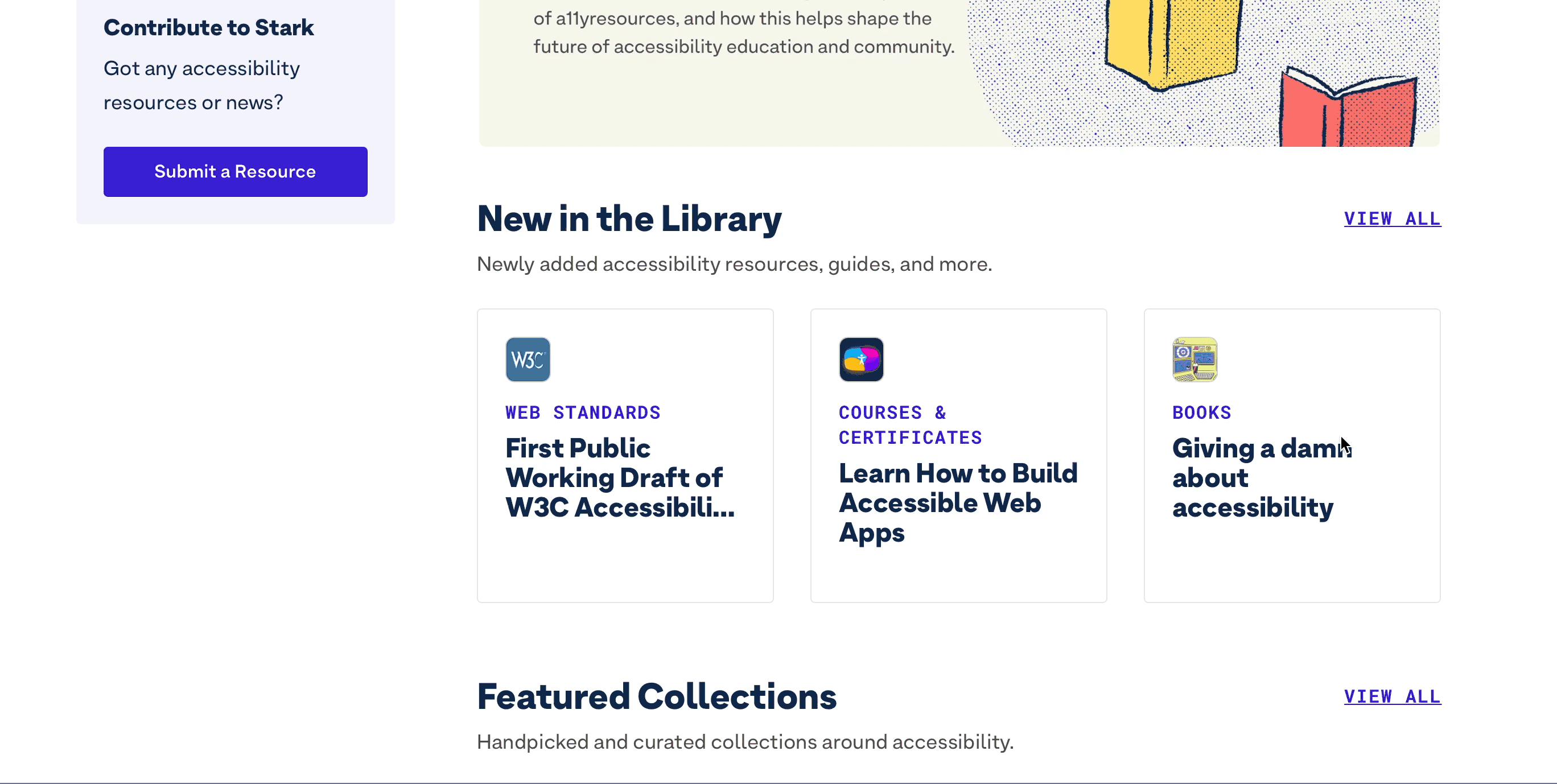 A screen recording of the 'newly added' section of the Public Library. In this GIF, the user hovers over some of the newly added resources such as the 'Giving a damn about accessibility' book, and a 'building accessible web app' course/certificate.