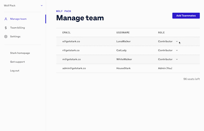 A user interface showing how to remove a team member. Under 'Roles', the toggle down is opened and then 'Remove from team' is selected. A prompt asks if you are sure you want to remove the user. 'Yes, remove' is selected to finish the process.